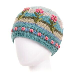 Lost Horizons Chloe Beanie Hand Knit Wool Fleece Lined Embroidered Hat
